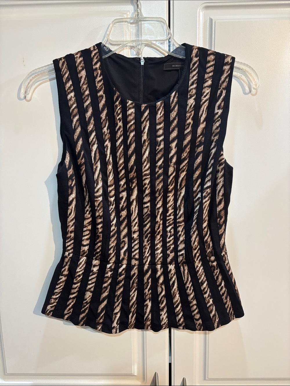 BCBGMaxAzria Black and Metallic Gold Striped Peplum Tank Top
